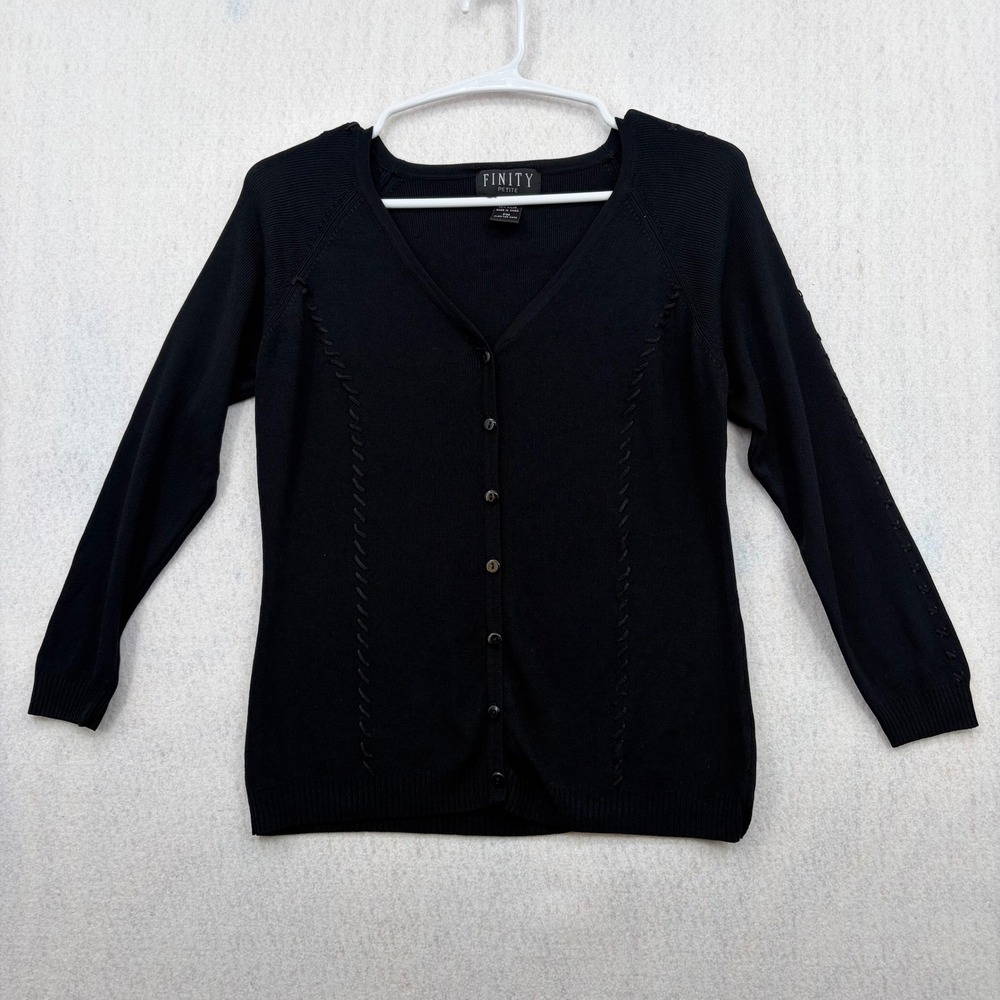 Finity Petite Black V-Neck Button Front Cardigan Sweater Whipstitch Detail PM